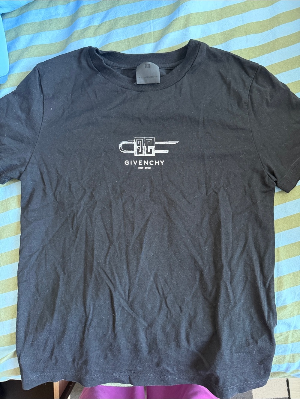Givenchy Black Crewneck T-Shirt with White Logo Bar Graphic